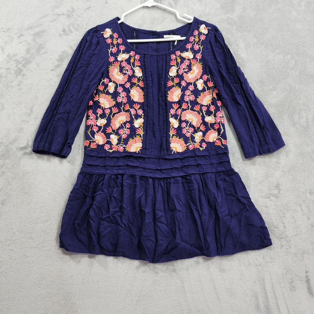 Anthropologie Floreat Top Womens 4 Blue Luana Embroidered 3/4 Sleeve Tunic Boho
